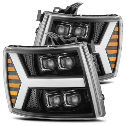 AlphaRex 07-13 Chevy 1500HD NOVA LED Proj Headlights Plank Style Gloss Blk w/Activ