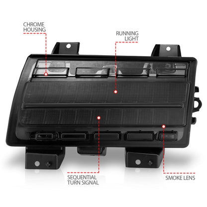 ANZO 2018-2021 Jeep Wrangler LED Side Markers Chrome Housing Smoke Lens w/ Seq. Signal Low Config 511087