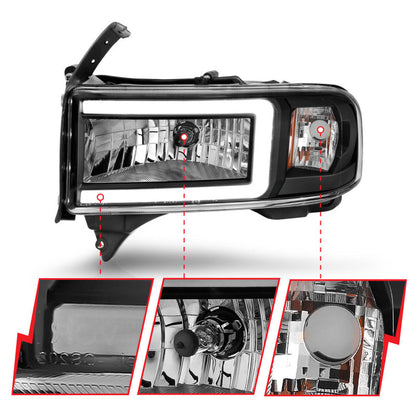 ANZO 94-02 Dodge RAM Crystal Headlight - w/ Light Bar Black Housing 111554