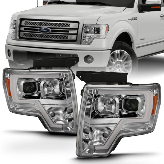 ANZO 2009-2014 Ford F-150 Projector Headlight Plank Style Chrome Amber 111444
