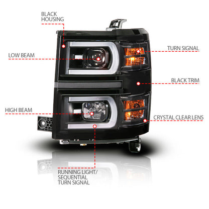 ANZO 14-15 Chevy Silverado 1500 Black Dual Switchback+Sequential LED Tube Sq. Projector Headlights 111617