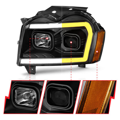 ANZO 2005-2007 Jeep Grand Cherokee Projector Headlights w/ Light Bar Switchback Black Housing 111543