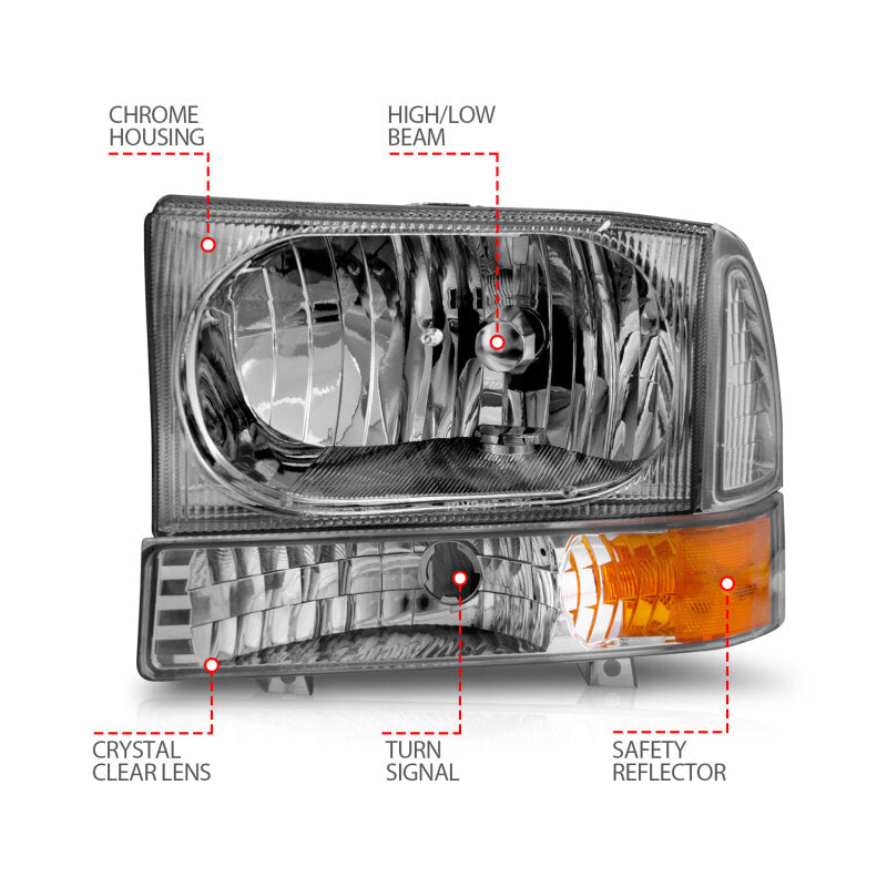 Anzo 2000-2004 Ford Excursion Crystal Headlights Chrome w/ LED 1pc — 14H1C