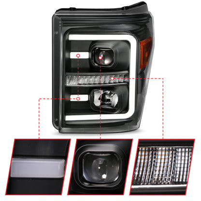 ANZO 2011-2016 Ford F250 Projector Headlights w/ Plank Style Switchback Black w/ Amber 111406