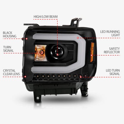 ANZO 2014-2015 GMC Sierra 1500 Projector Headlights w/ Light Bar Black Housing (Halogen