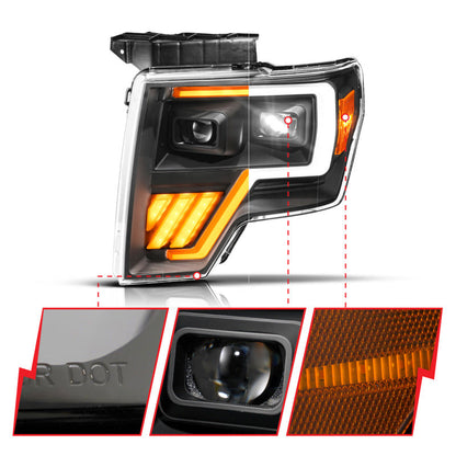ANZO 09-14 Ford F-150 (Factory Halogen Model ONLY) Full LED Proj Headlights Init/SeqSig Black - Pair 111629A