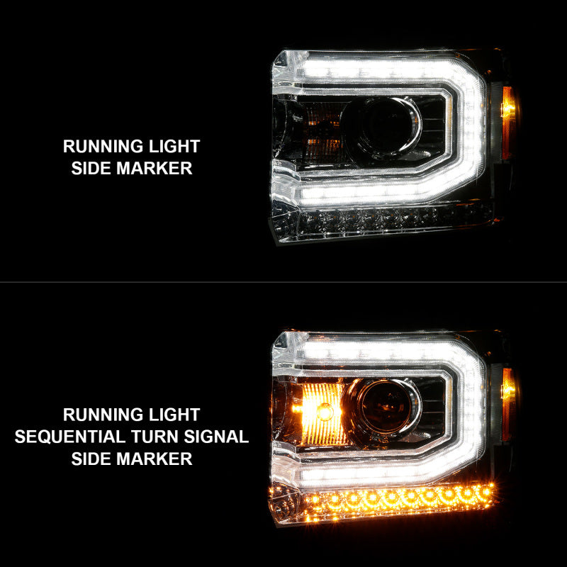 ANZO 2014-2015 Gmc Sierra 1500 Projector Headlights w/ Light Bar Chrome Housing (Halogen