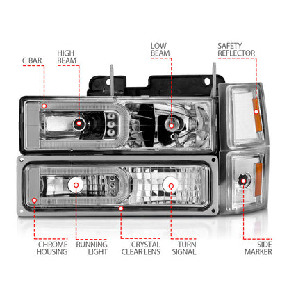 ANZO 88-98 Chevrolet C1500 Crystal Headlights w/Light Bar Chrome Housing w/ Signal Side Markers 8Pcs 111529