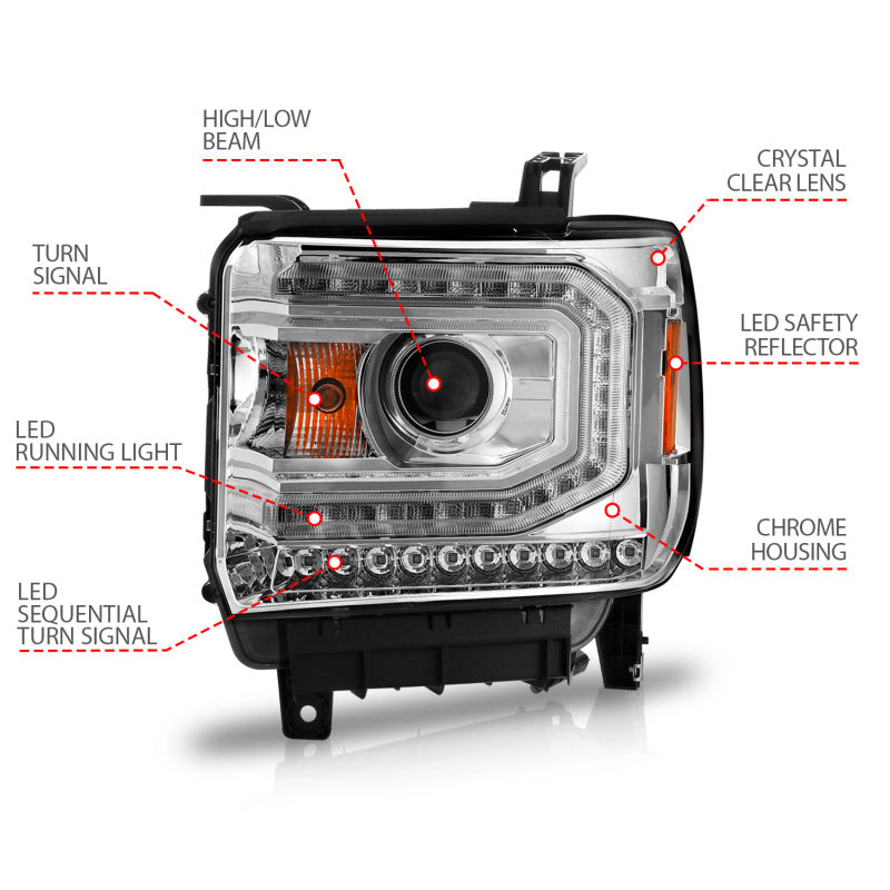 ANZO 2014-2015 Gmc Sierra 1500 Projector Headlights w/ Light Bar Chrome Housing (Halogen