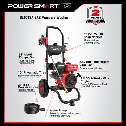 PowerSmart 3800PSI 2.5GPM 212cc Gas Pressure Washer DL1038A