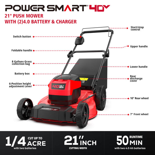 PowerSmart 40V 21" Cordless Push Lawn Mower w/ Two 40V Batteries MB2400B