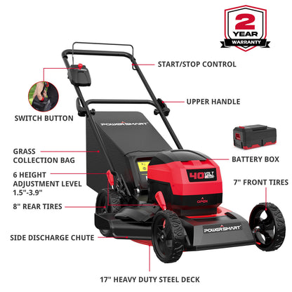 PowerSmart 40V 17" Cordless Push Lawn Mower w/ 4.0Ah Battery & Charger MB2417A