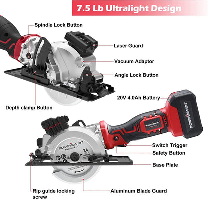 PowerSmart 20V Mini Circular Saw Cordless with 4.0Ah Battery and Charger