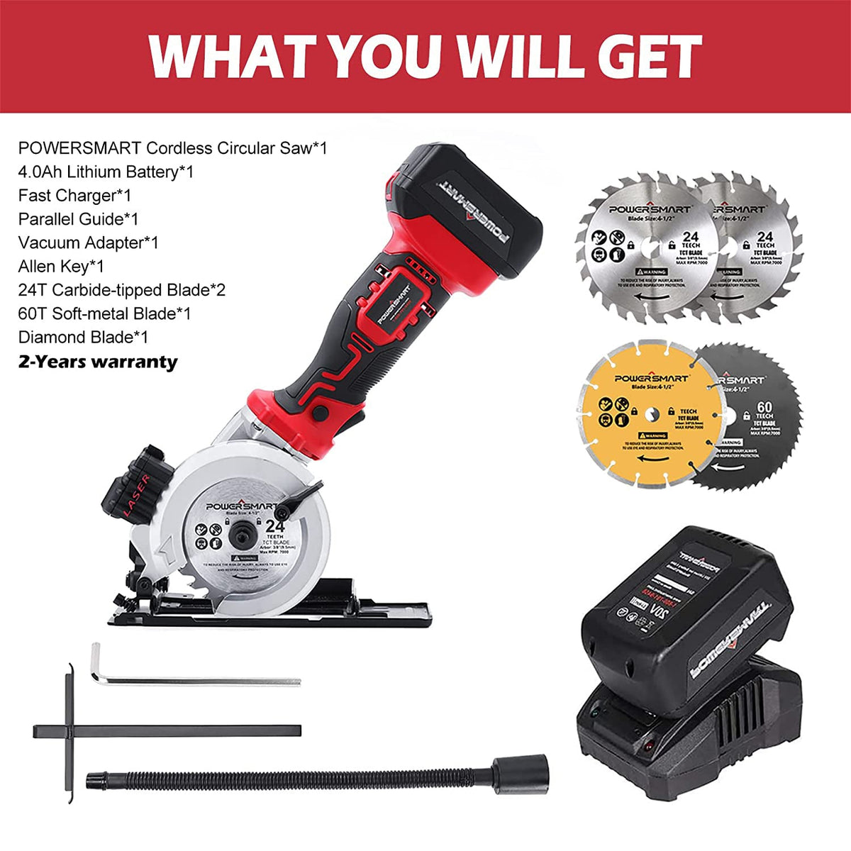 PowerSmart 20V Mini Circular Saw Cordless with 4.0Ah Battery and Charger