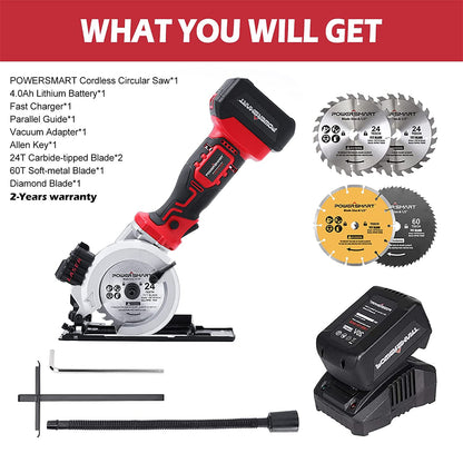 PowerSmart 20V Mini Circular Saw Cordless with 4.0Ah Battery and Charger
