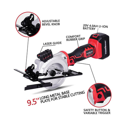 PowerSmart 20V Mini Circular Saw Cordless with 4.0Ah Battery and Charger