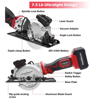 PowerSmart 20V Mini Circular Saw Cordless with 4.0Ah Battery and Charger