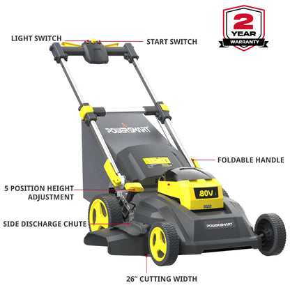 PowerSmart 80V 26" Brushless Cordless Self-Propelled Lawn Mower w/ Battery &