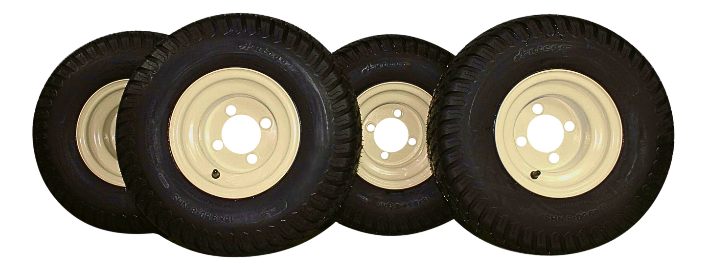 (Set of 4) Beige/Tan Steel Wheels with 18x9.50-8 4 Ply Turf Tires for Golf Cart and Lawn
