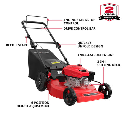 PowerSmart 22" 170cc Gas Self-Propelled 3-in-1 Lawn Mower V8622S