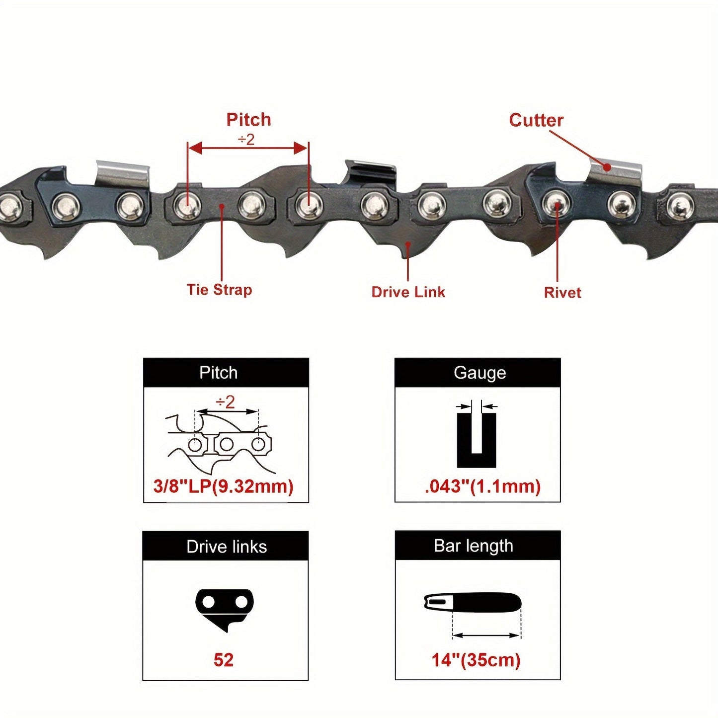 Chainsaw Chain 14" 3/8 52DL 8lp — Replaces 4040-06