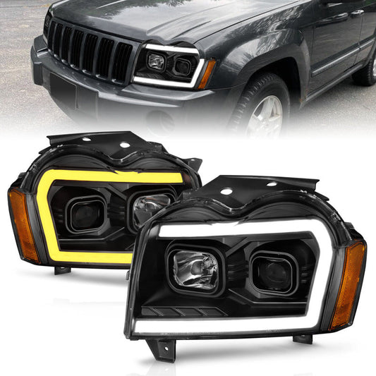 ANZO 2005-2007 Jeep Grand Cherokee Projector Headlights w/ Light Bar Switchback Black Housing 111543