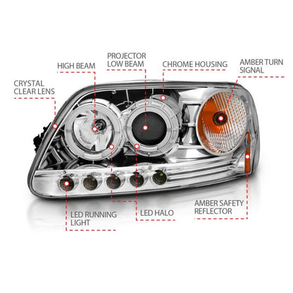 Anzo 1997.5-2003 Ford F-150 Projector Headlights w/ Halo and LED Chrome 1pc
