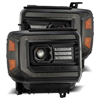 AlphaRex 14-18 GMC Sierra LUXX LED Proj Headlights Plnk Style Alpha Blk w/Activ Light/Seq