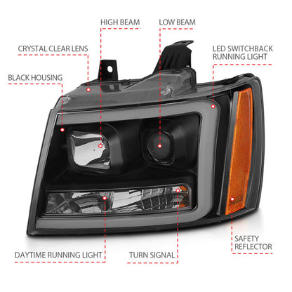 ANZO 07-14 Chevy Tahoe Projector Headlights w/ Plank Style Design Black w/ Amber 111402