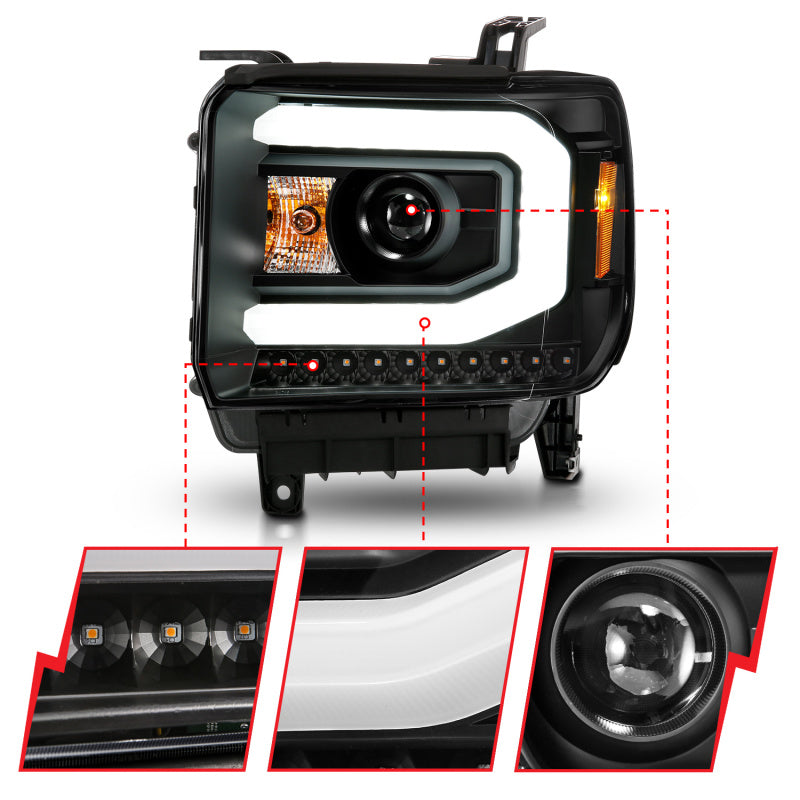 ANZO 2014-2015 GMC Sierra 1500 Projector Headlights w/ Light Bar Black Housing (Halogen