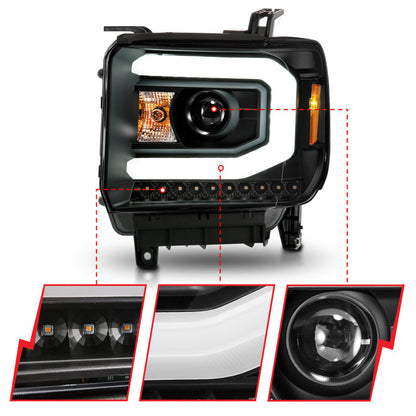 ANZO 2014-2015 GMC Sierra 1500 Projector Headlights w/ Light Bar Black Housing (Halogen
