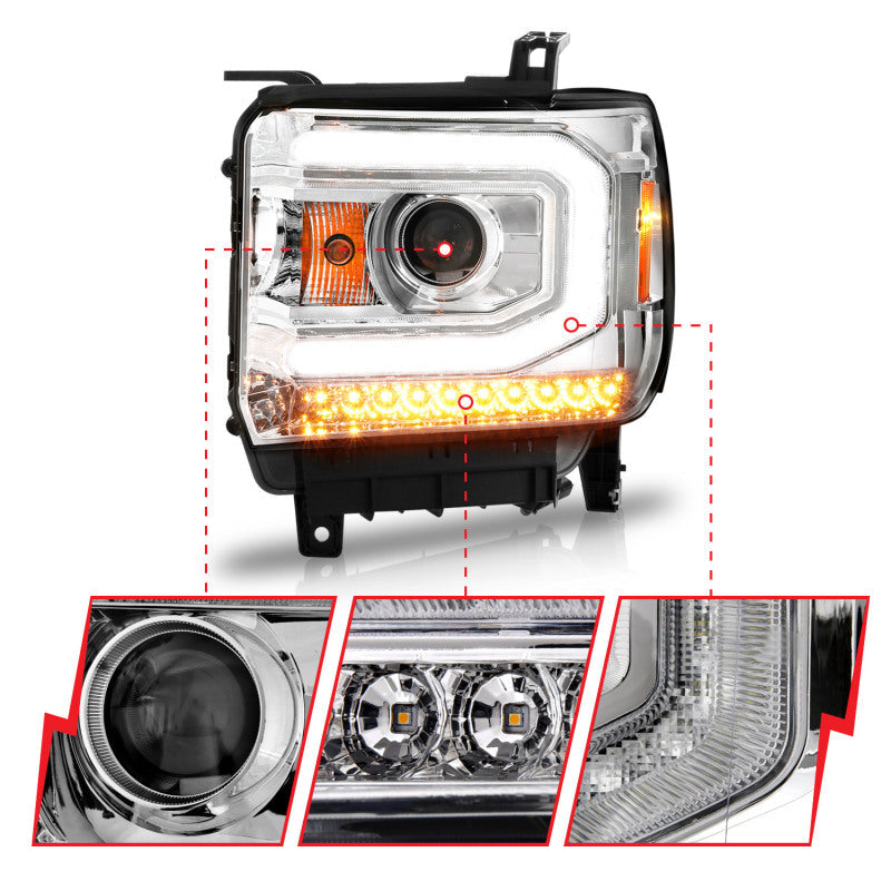 ANZO 2014-2015 Gmc Sierra 1500 Projector Headlights w/ Light Bar Chrome Housing (Halogen