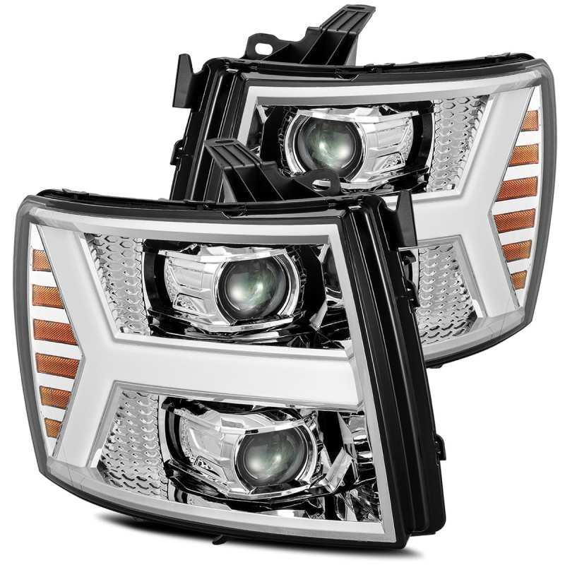AlphaRex 07-13 Chevy 1500 LUXX LED Proj Headlights Plank Design Chrome w/ Activ Light/Seq