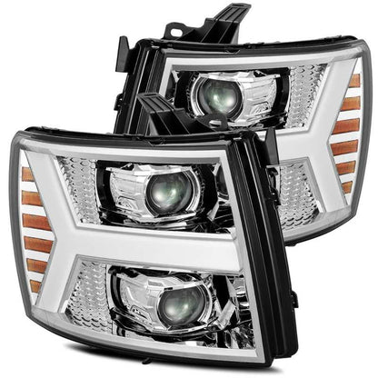 AlphaRex 07-13 Chevy 1500 LUXX LED Proj Headlights Plank Design Chrome w/ Activ Light/Seq