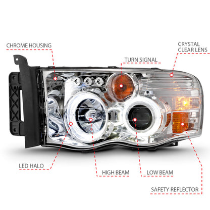 ANZO 2002-2005 Dodge Ram 1500 Projector Headlights w/ Halo Chrome Clear Amber 111491
