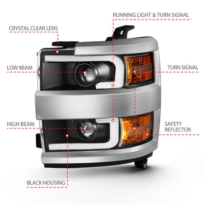 Anzo 2015-2016 Chevrolet Silverado Projector Headlights w/ Plank Style Desi — 14H72