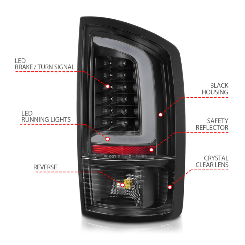 ANZO 2002-2006 Dodge Ram 1500 LED Tail Lights w/ Light Bar Black Housing Clear Lens 311368