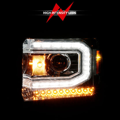 ANZO 2014-2015 Gmc Sierra 1500 Projector Headlights w/ Light Bar Chrome Housing (Halogen