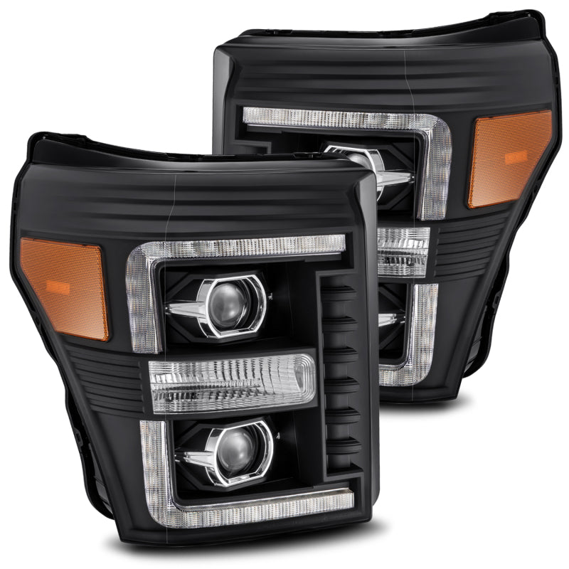 AlphaRex 11-16 Ford F-350 SD LUXX LED Proj Headlights Plank Style Black w/Activ Light/Seq