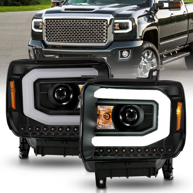 ANZO 2014-2015 GMC Sierra 1500 Projector Headlights w/ Light Bar Black Housing (Halogen