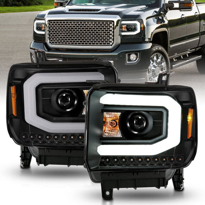 ANZO 2014-2015 GMC Sierra 1500 Projector Headlights w/ Light Bar Black Housing (Halogen