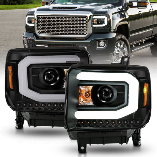 ANZO 2014-2015 GMC Sierra 1500 Projector Headlights w/ Light Bar Black Housing (Halogen