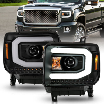 ANZO 2014-2015 GMC Sierra 1500 Projector Headlights w/ Light Bar Black Housing (Halogen