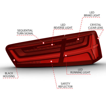 ANZO 2012-2018 Audi A6 LED Taillight Black Housing Red/Clear Lens 4 pcs (Sequential Signal) 321353