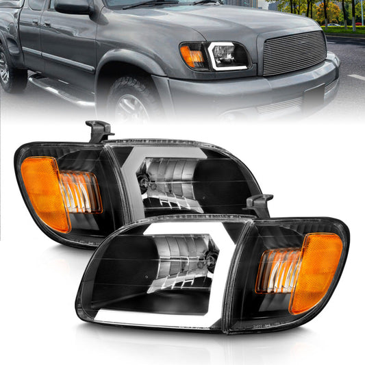 ANZO 00-04 Toyota Tundra (Fits Reg/Acc Cab Only) Crystal Headlights w/Light Bar Black