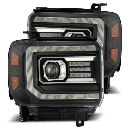 AlphaRex 14-18 GMC Sierra LUXX LED Proj Headlights Plank Style Black w/Activ Light/Seq