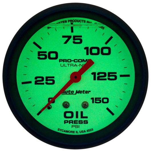 AutoMeter Ultra-Nite 2-5/8in 0-150 PSI Liquid Filled Mechanical Glow In Dark Oil Pressure Gauge 4223