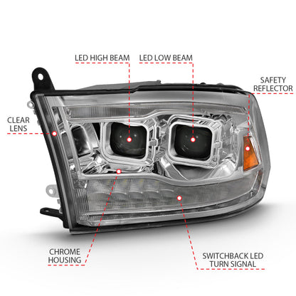 ANZO 2009-2018 Dodge Ram 1500 Led Projector Plank Style Switchback H.L Halo Chrome Amber (OE Style) 111465