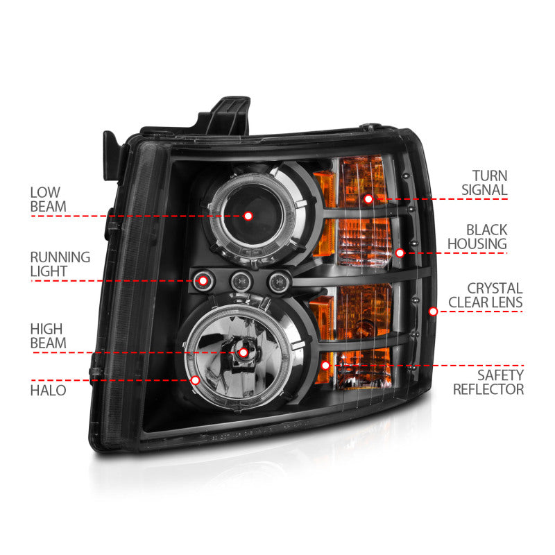 Anzo 2007-2013 Chevrolet Silverado 1500 Projector Headlights w/ Halo Black — 14H3Z