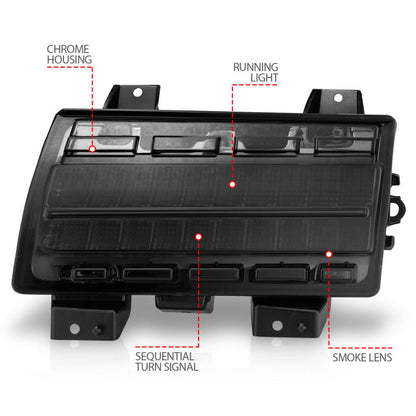 ANZO 2018-2021 Jeep Wrangler LED Side Markers Chrome Housing Smoke Lens w/ Seq. Signal Low Config 511087